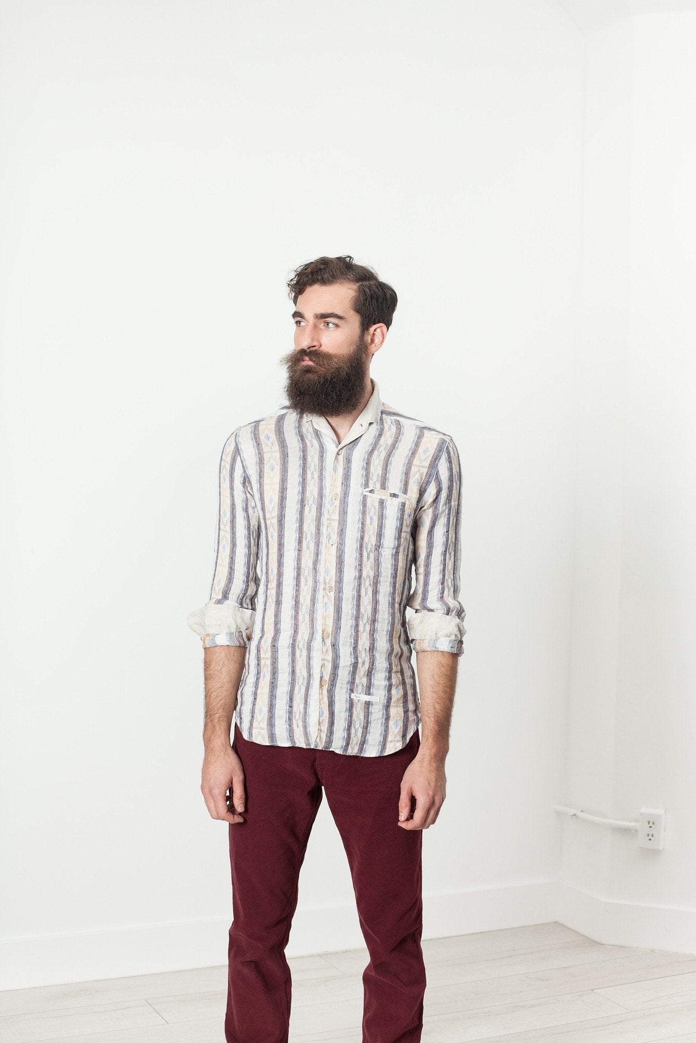 Camicia western in lino beige/blu